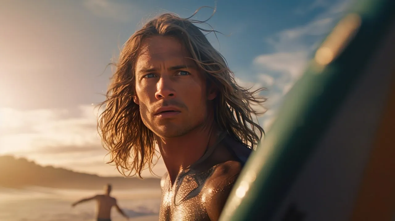 Mann mit Surferfrisur am Strand