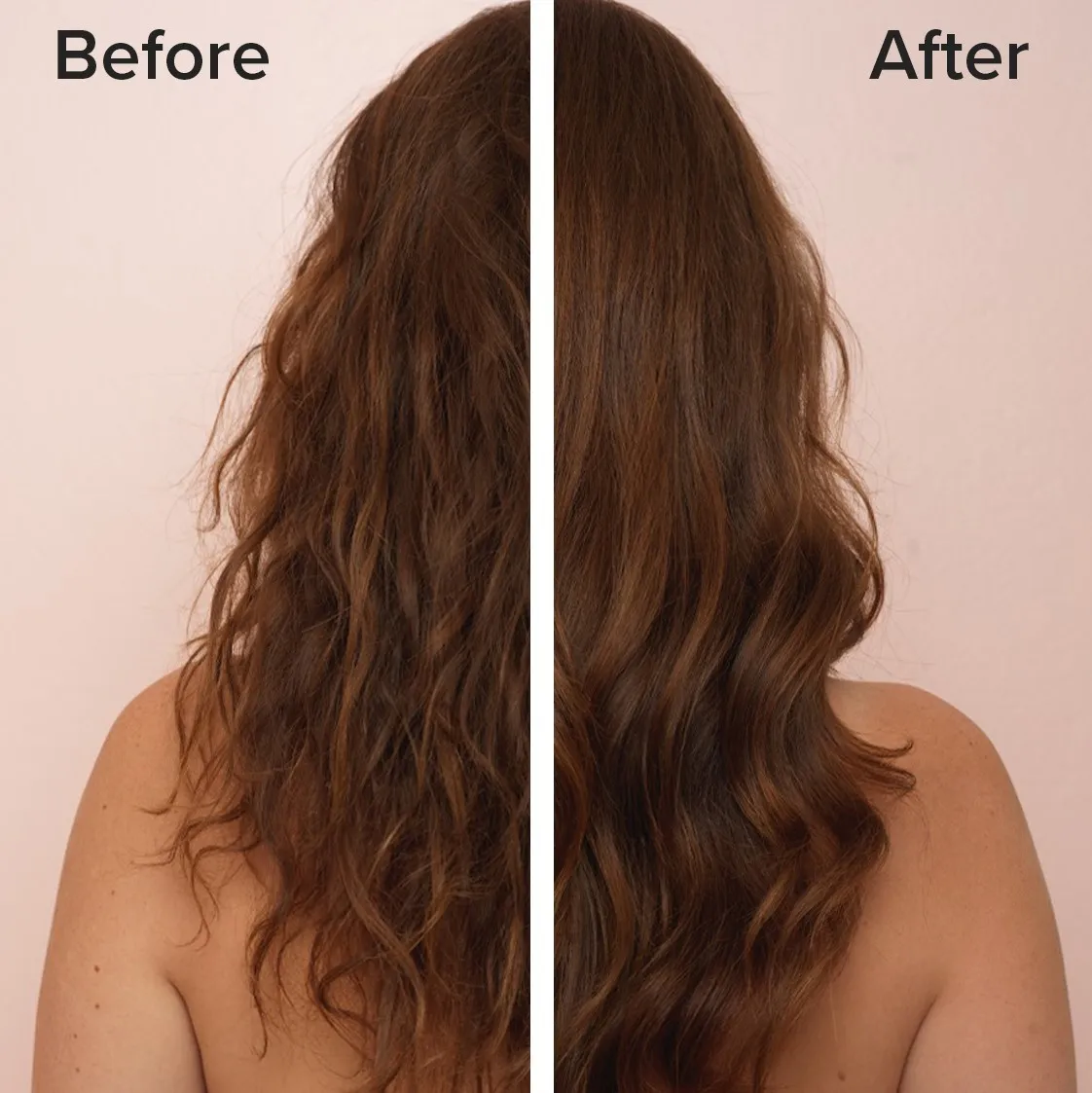 Hinteransicht Vorher Nachher-Bild von Frau mit langen braunen Haaren