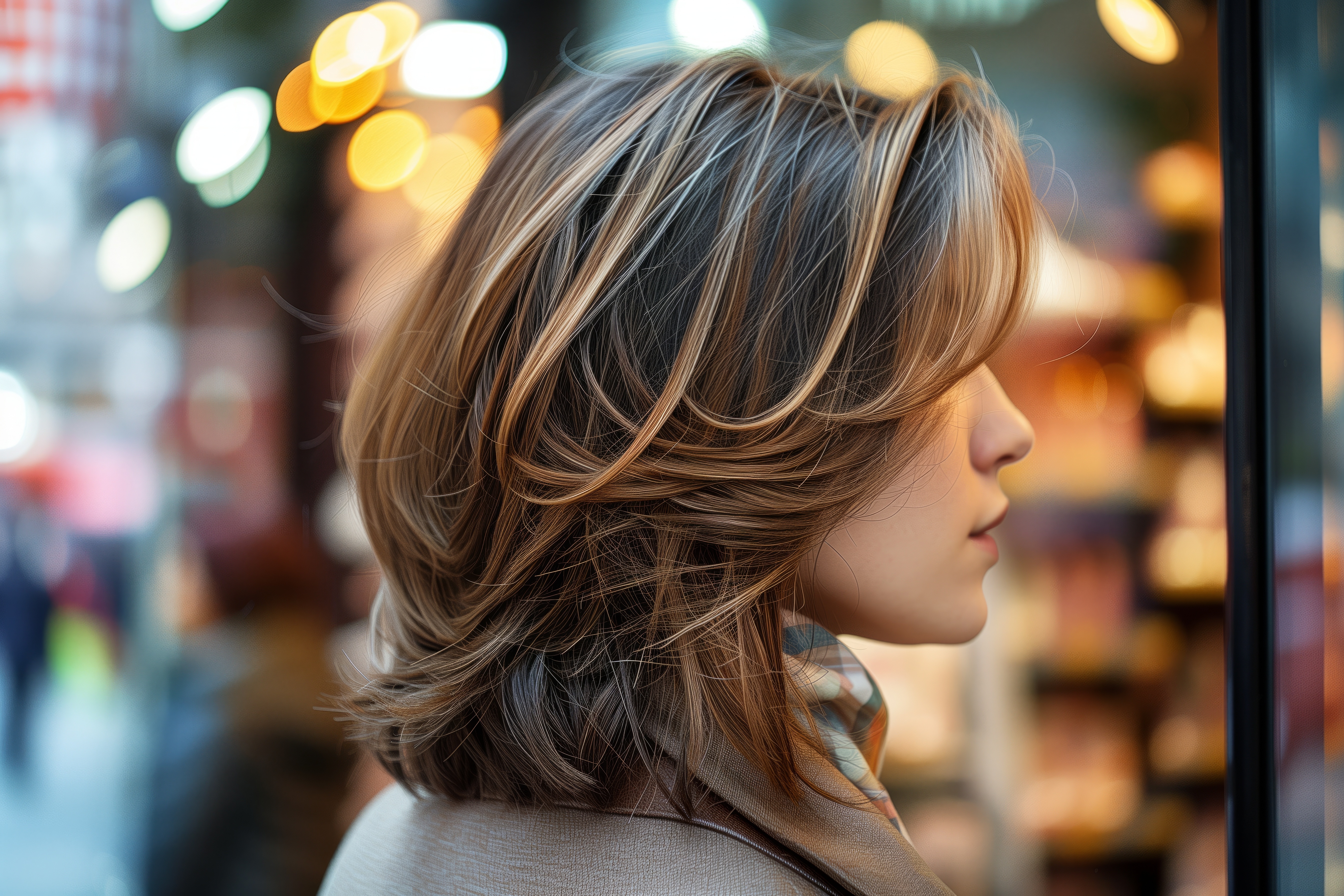 Frau mit Kitty Cut mit Highlights